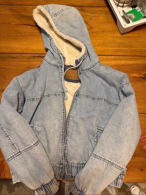 American Eagle Outfitters Light Blue Sherpa Hooded Denim Jacket for Kids